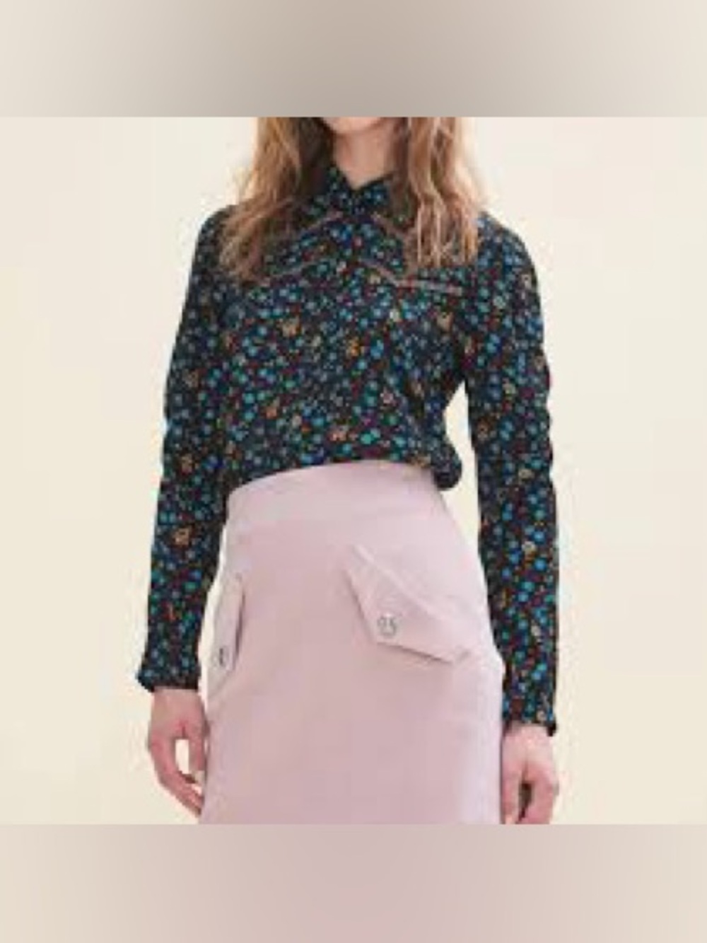 Maje Floral Print Black Top with Blue and Yellow Flowers